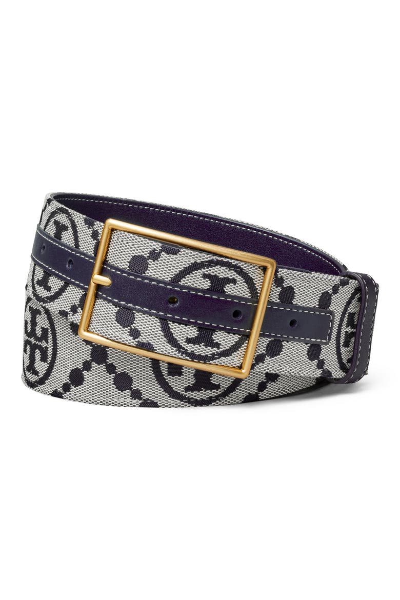 T Monogram Jacquard & Leather Belt, Main, color, TORY NAVY