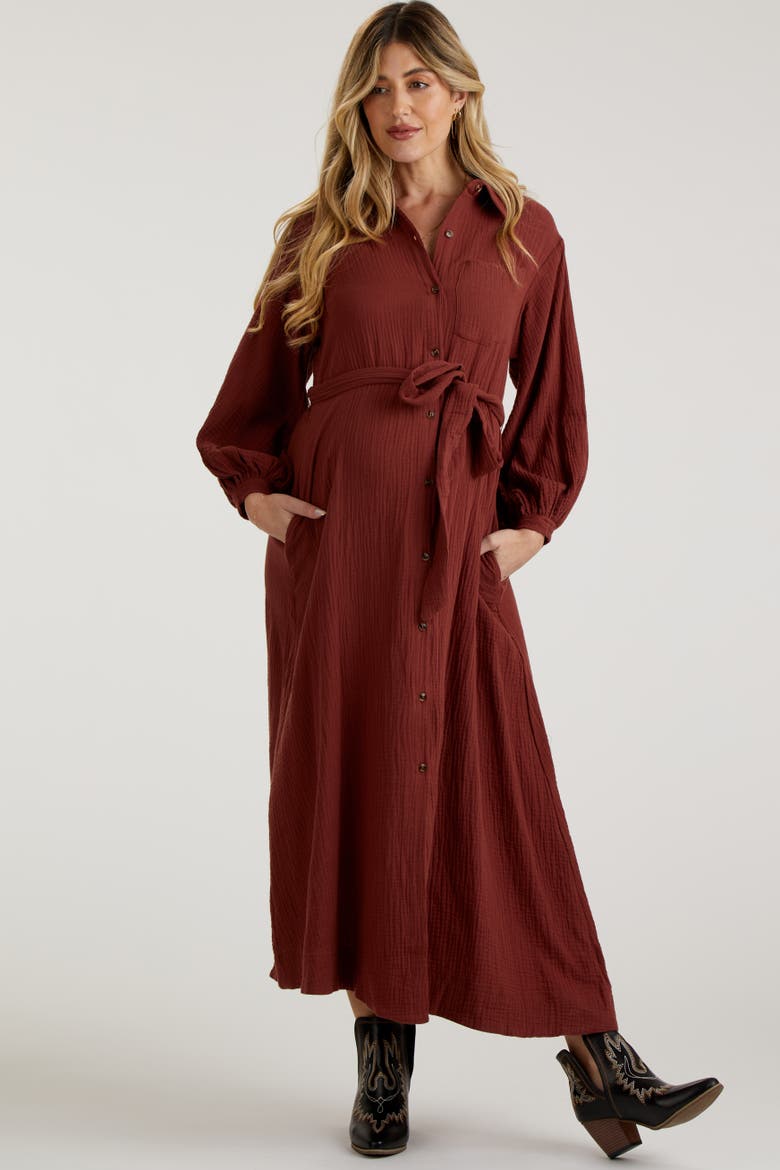 Gauze Belted Shirt Midi Dress, Alternate, color, Rust