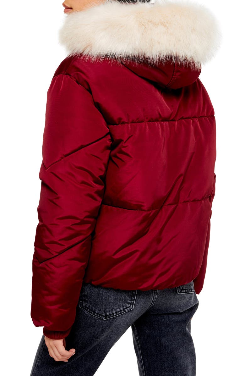 Topshop Lauren Hooded Puffer Jacket with Faux Fur Trim, Alternate, color, 