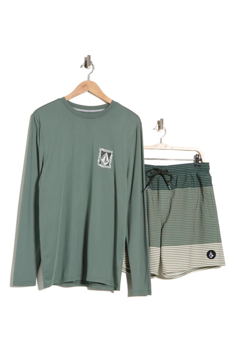 Long Sleeve Swim T-Shirt & Swim Shorts Set, Alternate, color, LIGHT OLIVE