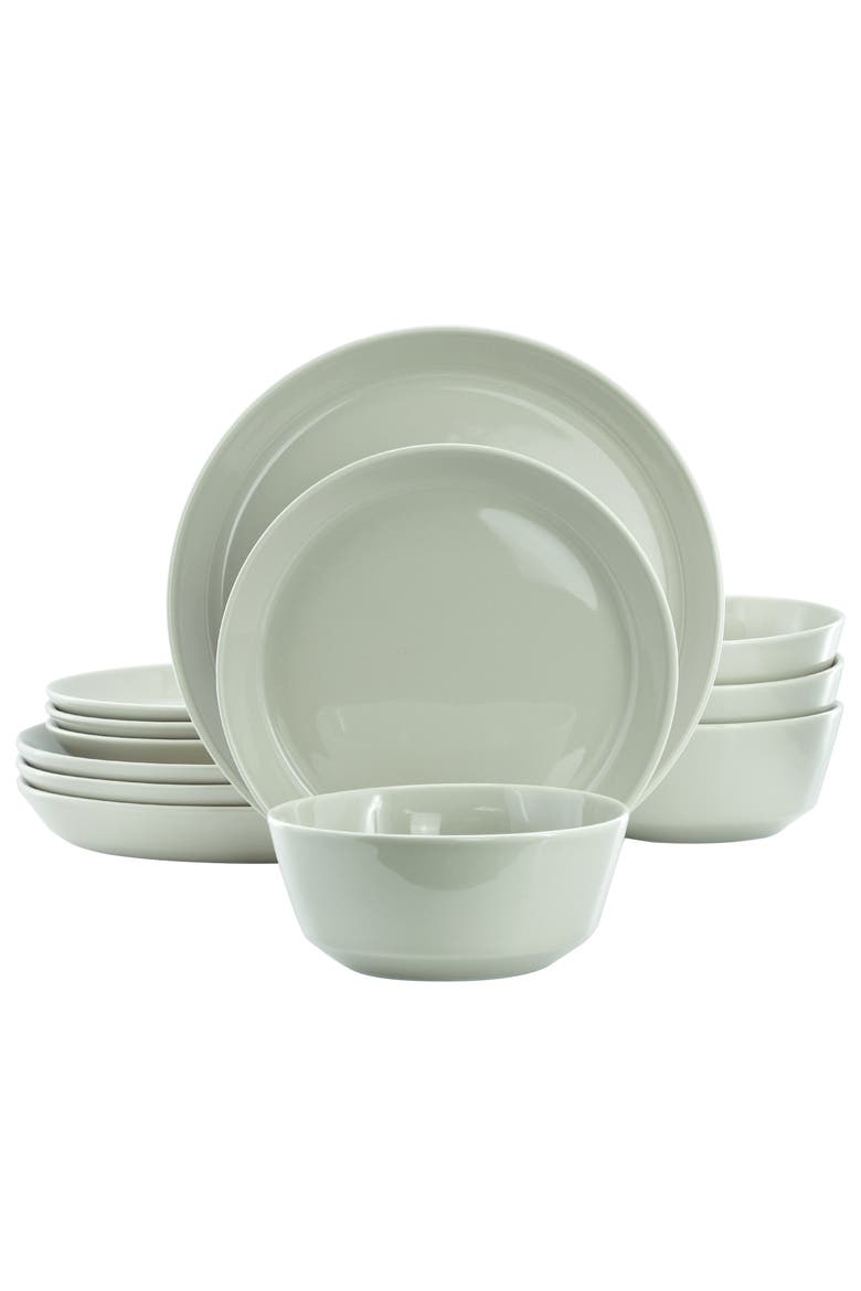 12 Piece Round Stoneware Dinnerware Set, Main, color, Green