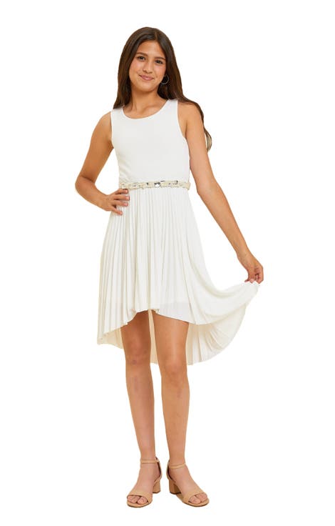 Pleated High Low Dress with Belt (Big Kid)