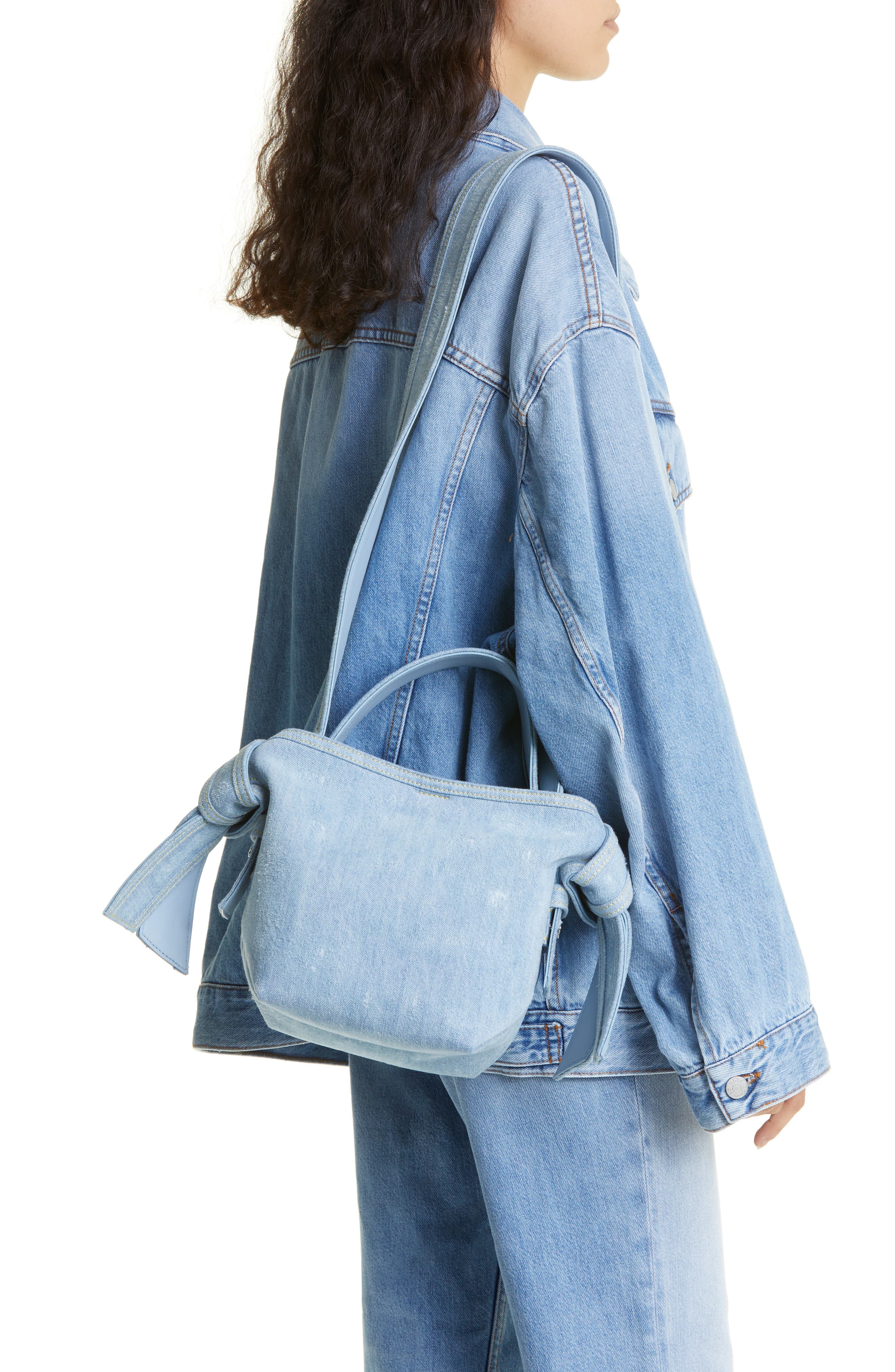 Acne Studios Mini Musubi Destroyed Denim Top Handle Bag, Alternate, color, 