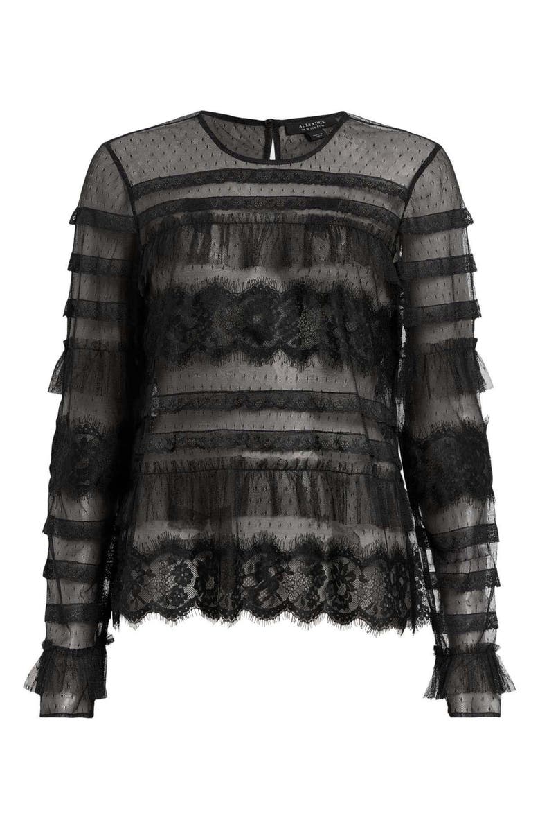 AllSaints Arlea Ruffle Tulle Top, Alternate, color, Black