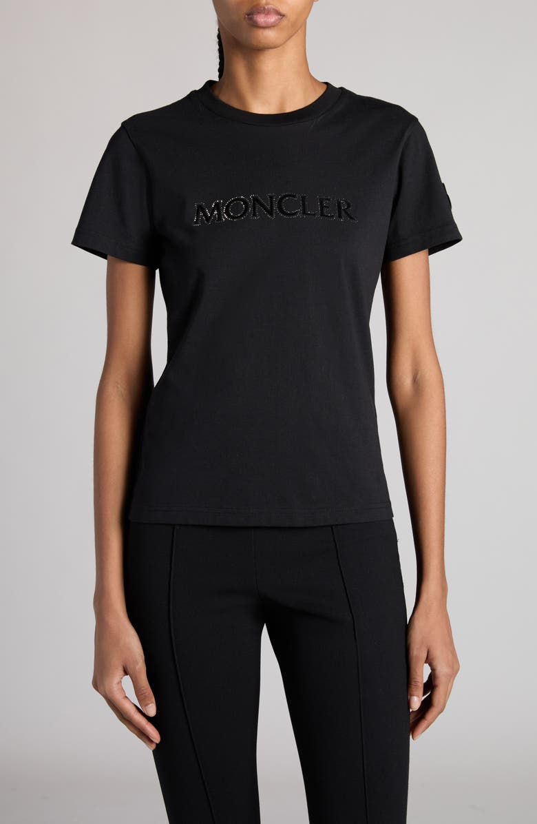 Moncler Crystal Embellished Logo Cotton T-Shirt, Main, color, Black