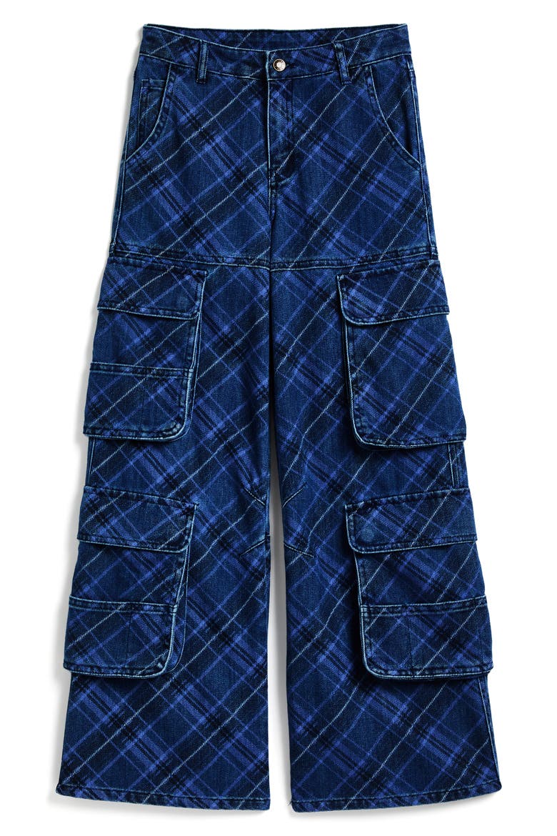 Kids' Wide Leg Double Cargo Jeans, Main, color, BLUE PLAID