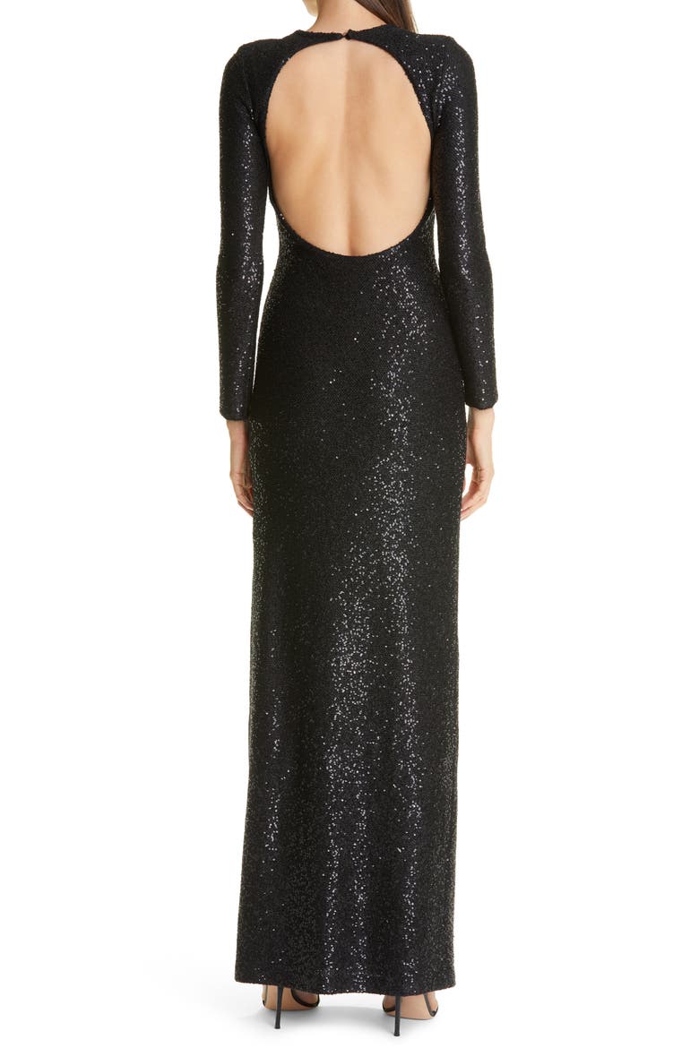 Sequin Open Back Long Sleeve Gown, Alternate, color, BLACK