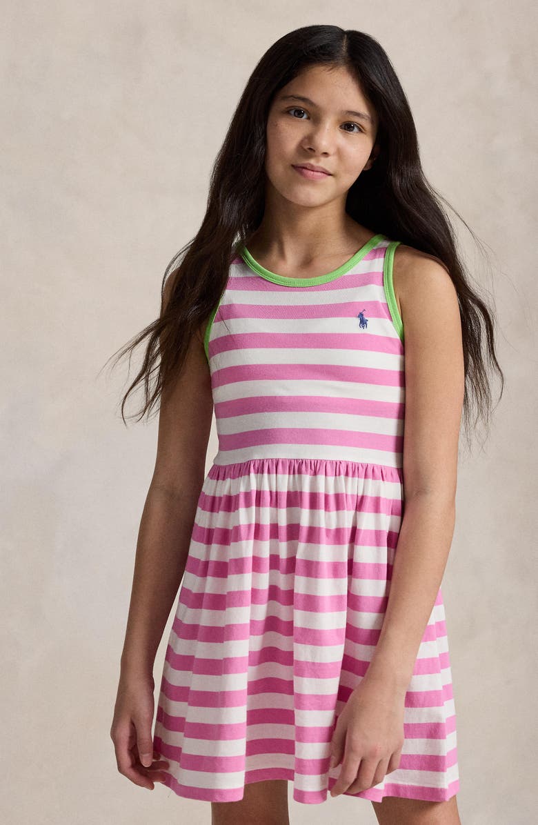 Polo Ralph Lauren Kids' Stripe Cotton Jersey Sleeveless Dress, Alternate, color, Laguna Pink/ White