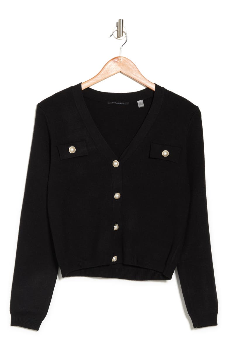 T Tahari Cardigan with Faux Pearl Buttons, Alternate, color,