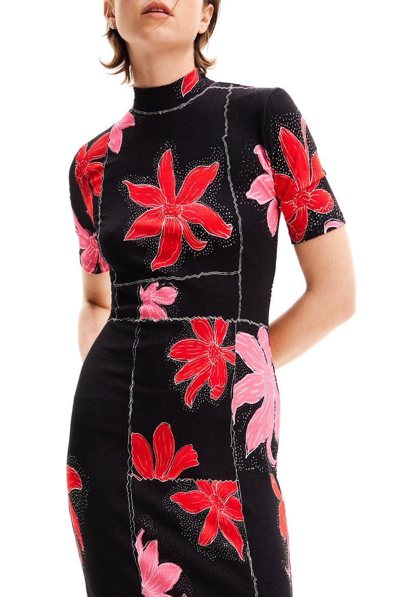Floral Ribbed Midi Dress, Alternate, color, RED