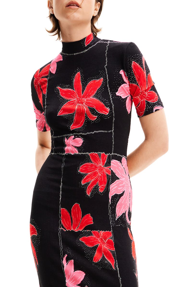 Desigual Floral Ribbed Midi Dress, Alternate, color,