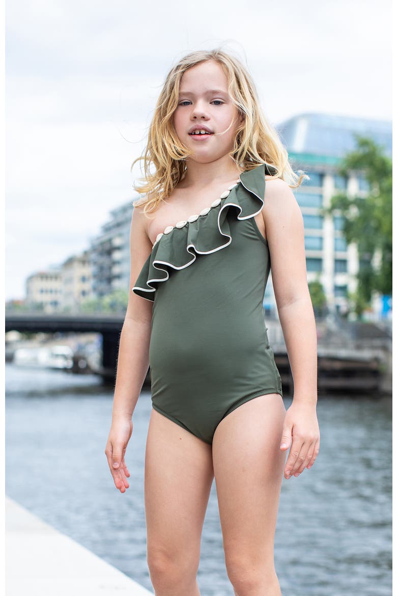 One-Shoulder Ruffle with Shell Detail One-Piece Swimsuit, Alternate, color, Green
