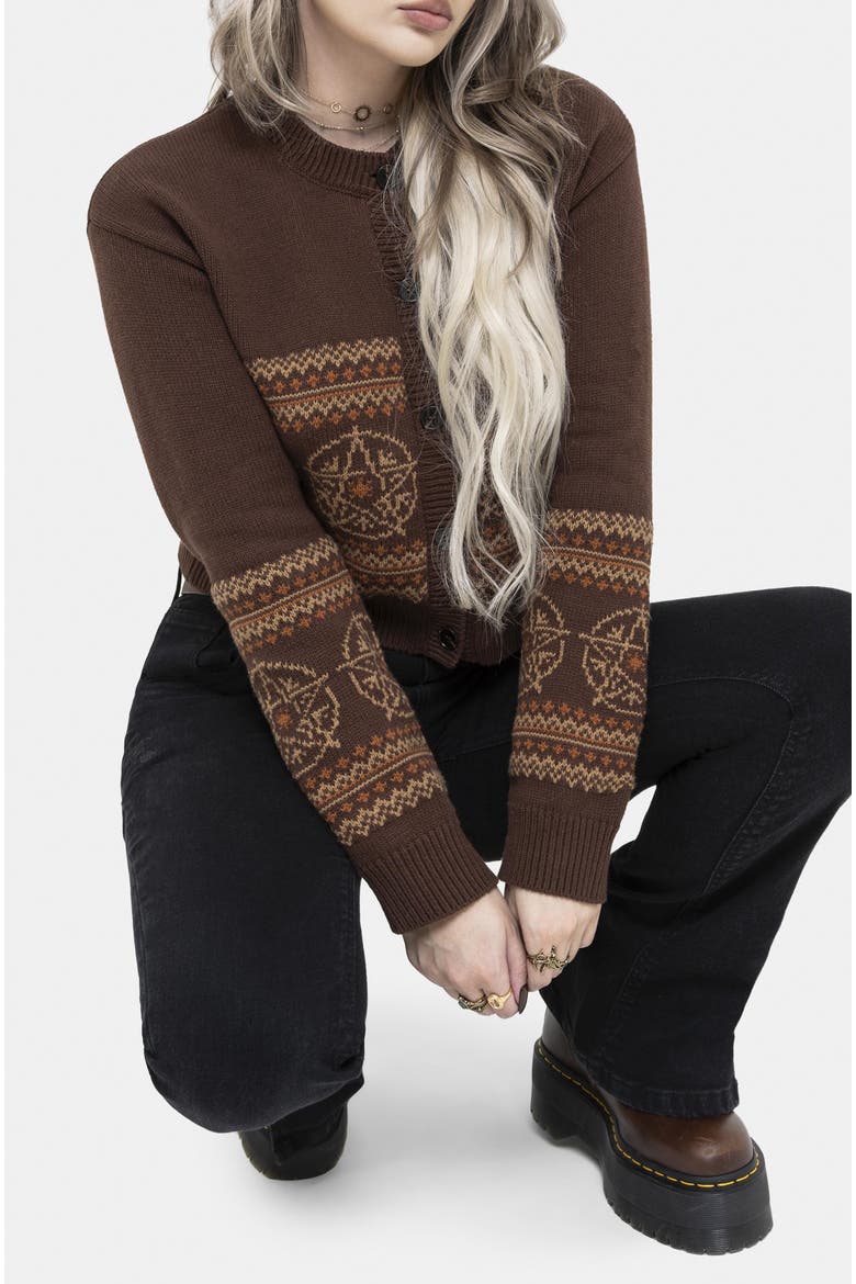 Olympia Pentagram Fairisle Knit Cardigan, Alternate, color, Brown