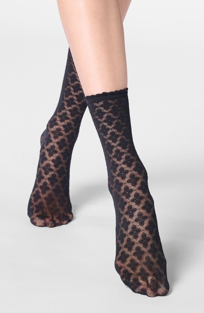 Oroblu Lace Crew Socks, Main, color, Black