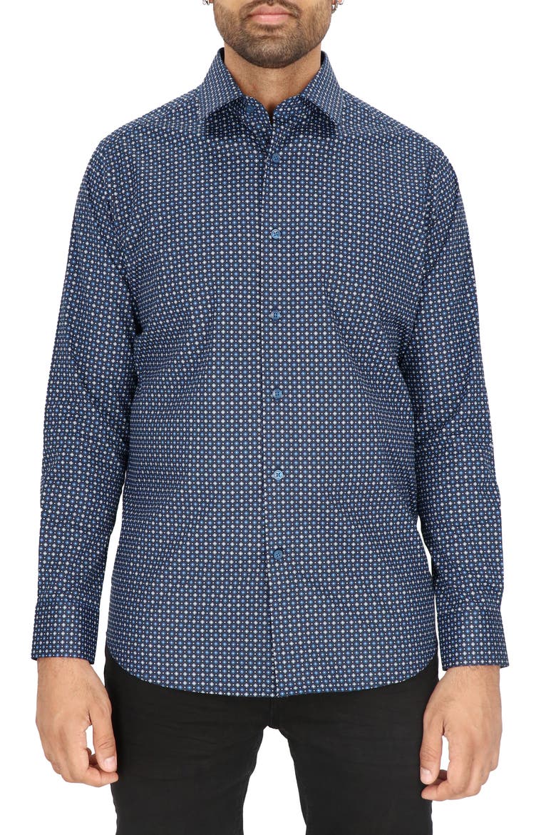 Dot Print Modern Fit Dress Shirt, Main, color, NAVY