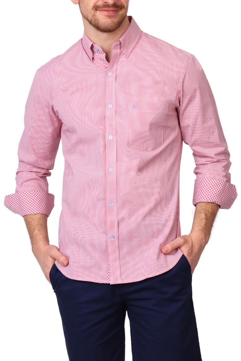 Micro Gingham Stretch Cotton Button-Up Shirt, Alternate, color, SUNWASHED RED