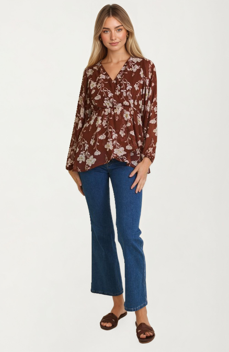 Knit and Lounge Long Sleeve Floral Empire Waist Wrap Blouse, Alternate, color, Floral Brown