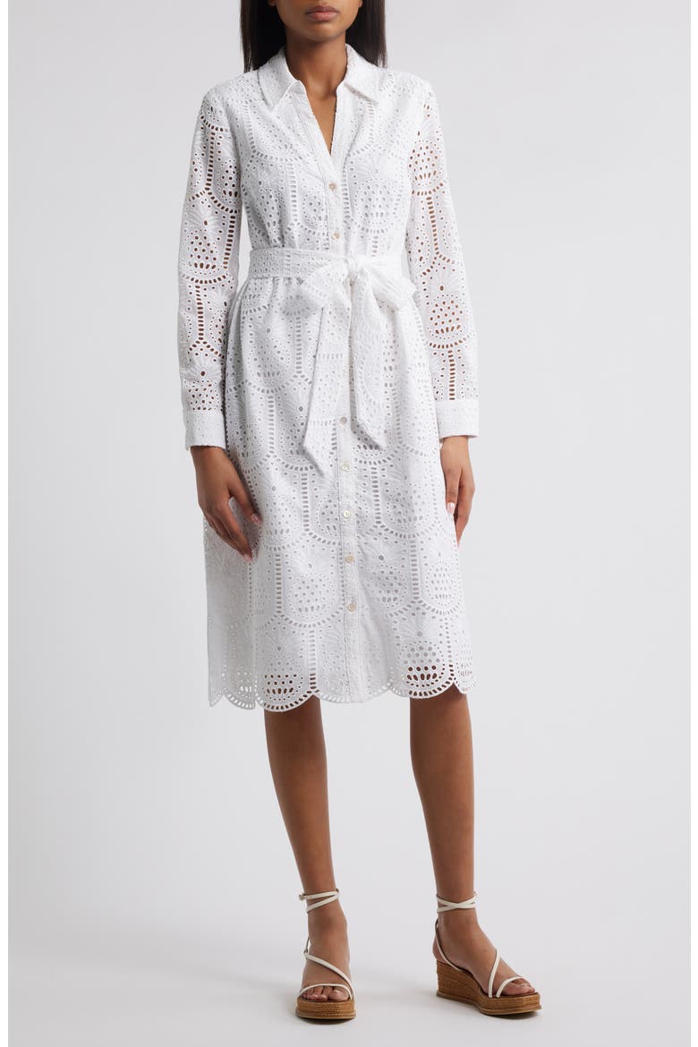 lilly pulitzer white long sleeve dress Eira Eyelet Long Sleeve Belted Midi Shirtdress (Women)