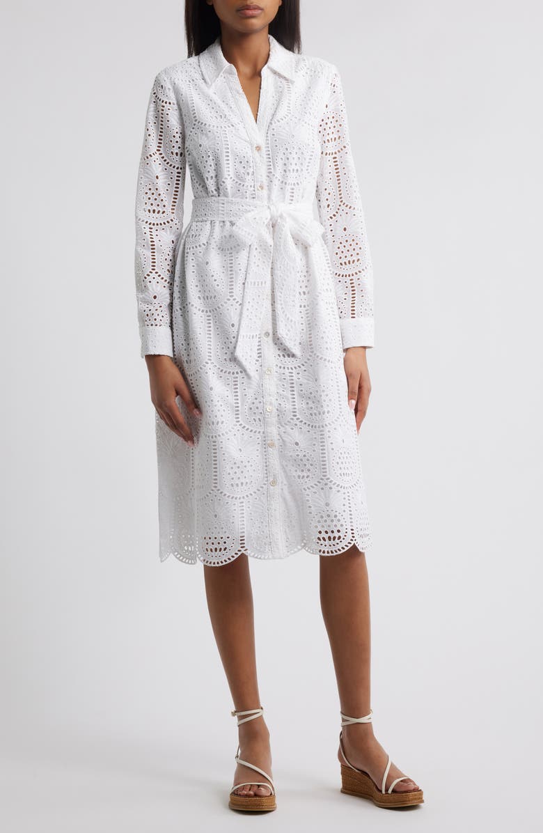 Lilly Pulitzer<sup>®</sup> Eira Eyelet Long Sleeve Belted Midi Shirtdress, Main, color, Resort White Pineapple Tile