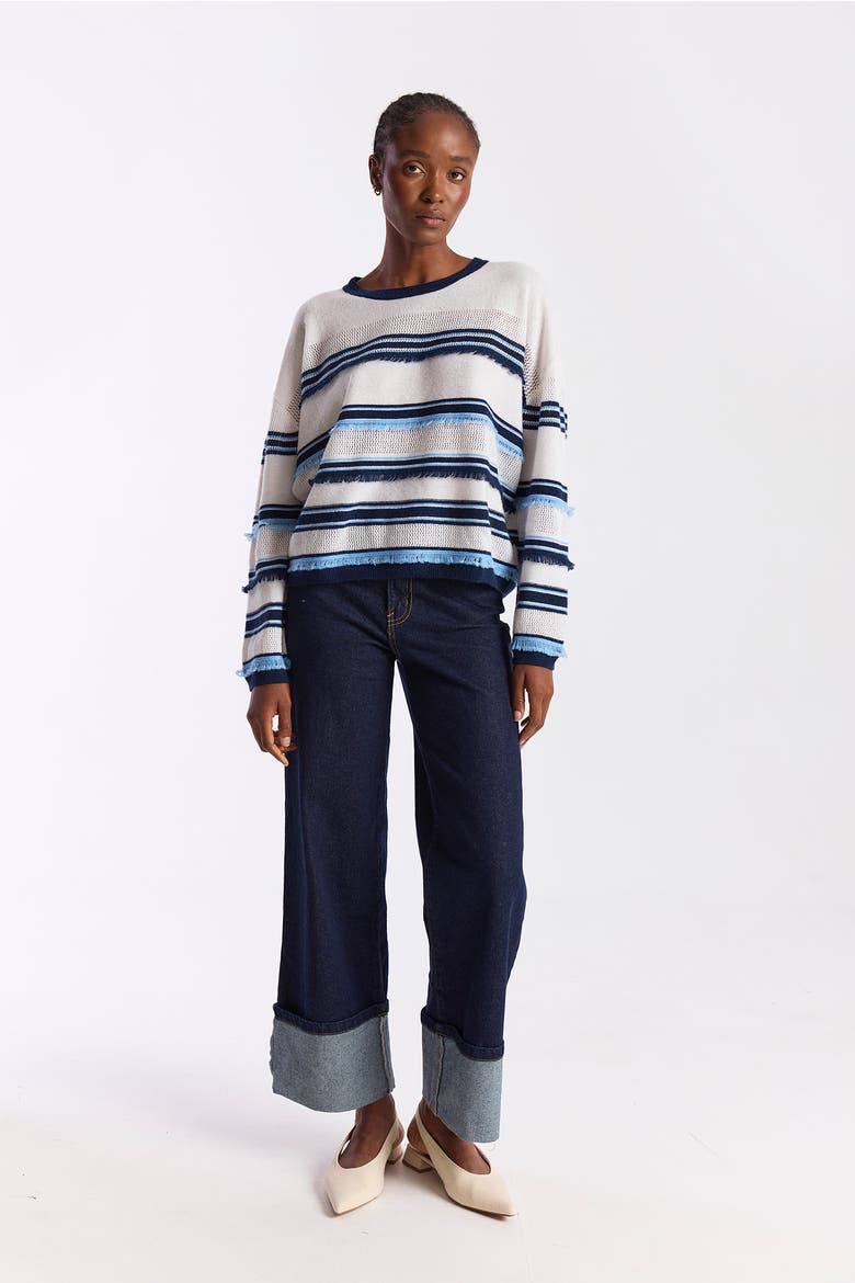Funky Stripe 100% Cashmere Sweater, Alternate, color, Organic White/Splash, Navy
