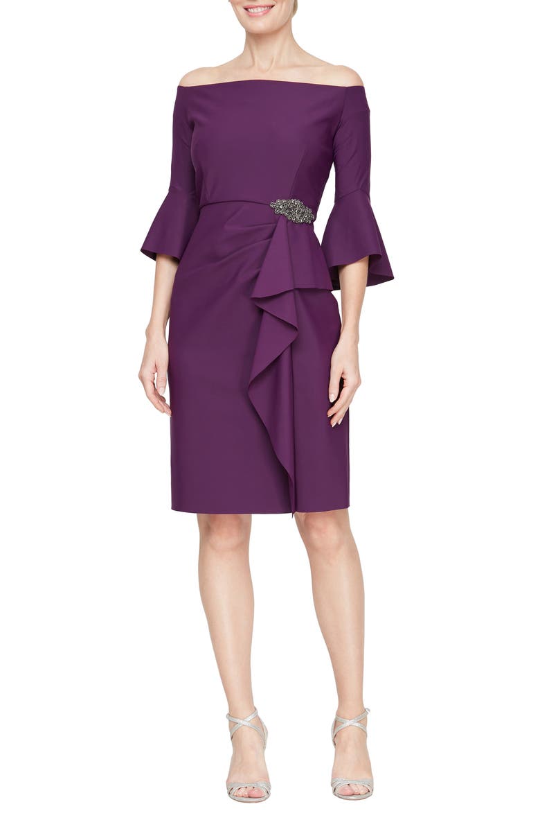 Alex Evenings Beaded Side Ruffle Off the Shoulder Cocktail Dress, Main, color, 