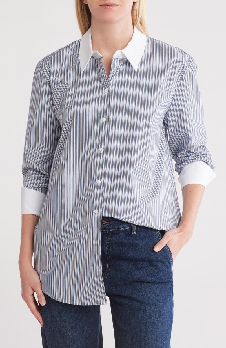 L'AGENCE Malia Stripe Contrast Collar Button-Up Tunic Shirt, Main, color, 
