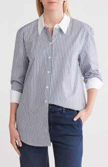 L'AGENCE Malia Stripe Contrast Collar Button-Up Tunic Shirt