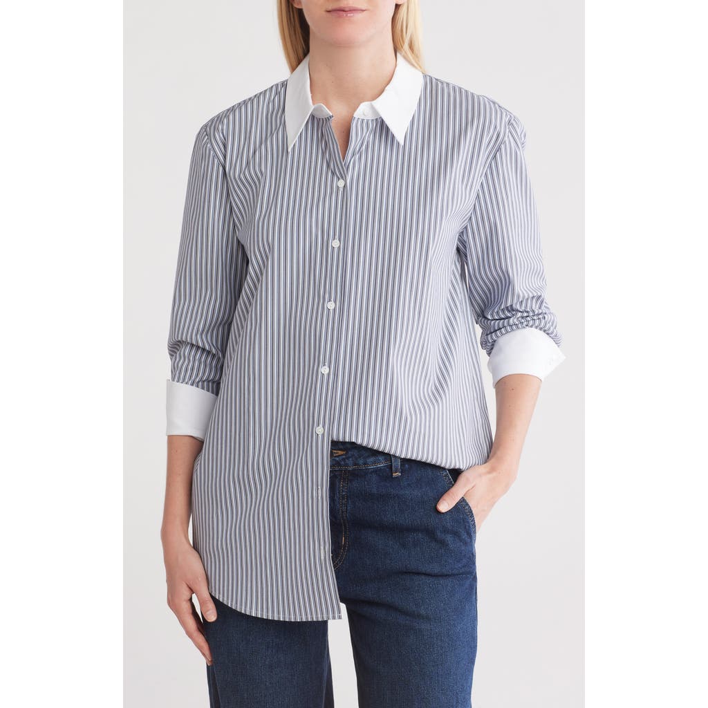 L'agence Malia Stripe Contrast Collar Button-up Tunic Shirt In Blue