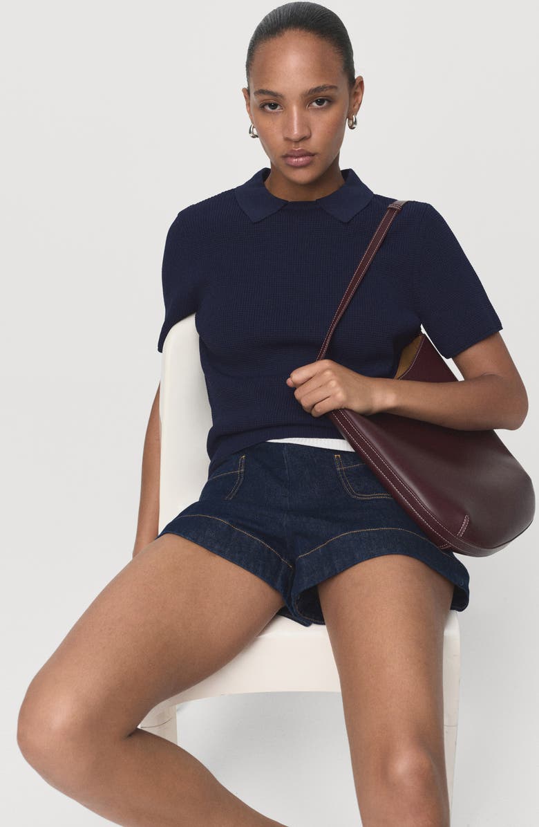 MANGO Spread Collar Short Sleeve Sweater, Alternate, color, Dark Navy