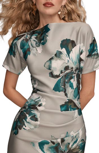 Floral Pleated Scuba Sheath Midi Dress