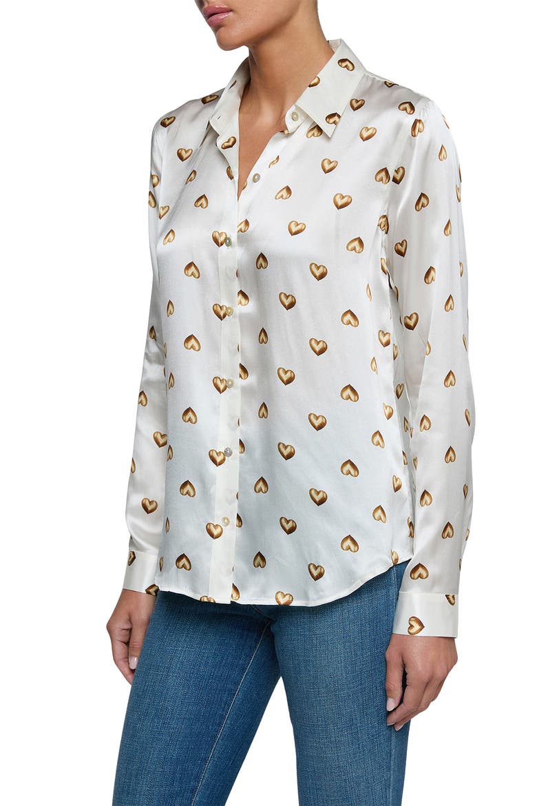 Tyler Heart Print Silk Button-Up Shirt, Alternate, color, VINTAGE WHITE GOLD HEART STUD
