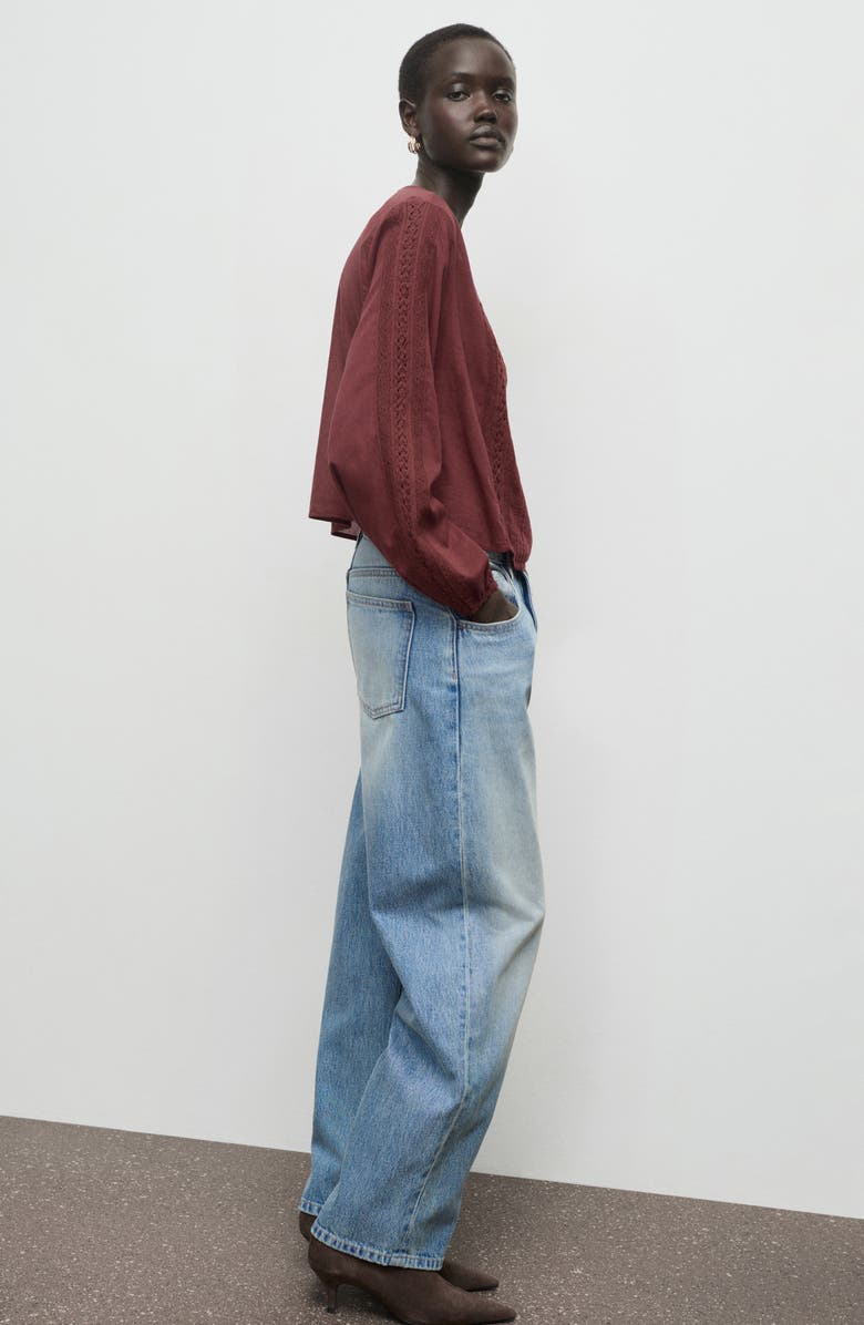 MANGO Embroidered Puff Sleeve Cotton Top, Alternate, color, Burgundy