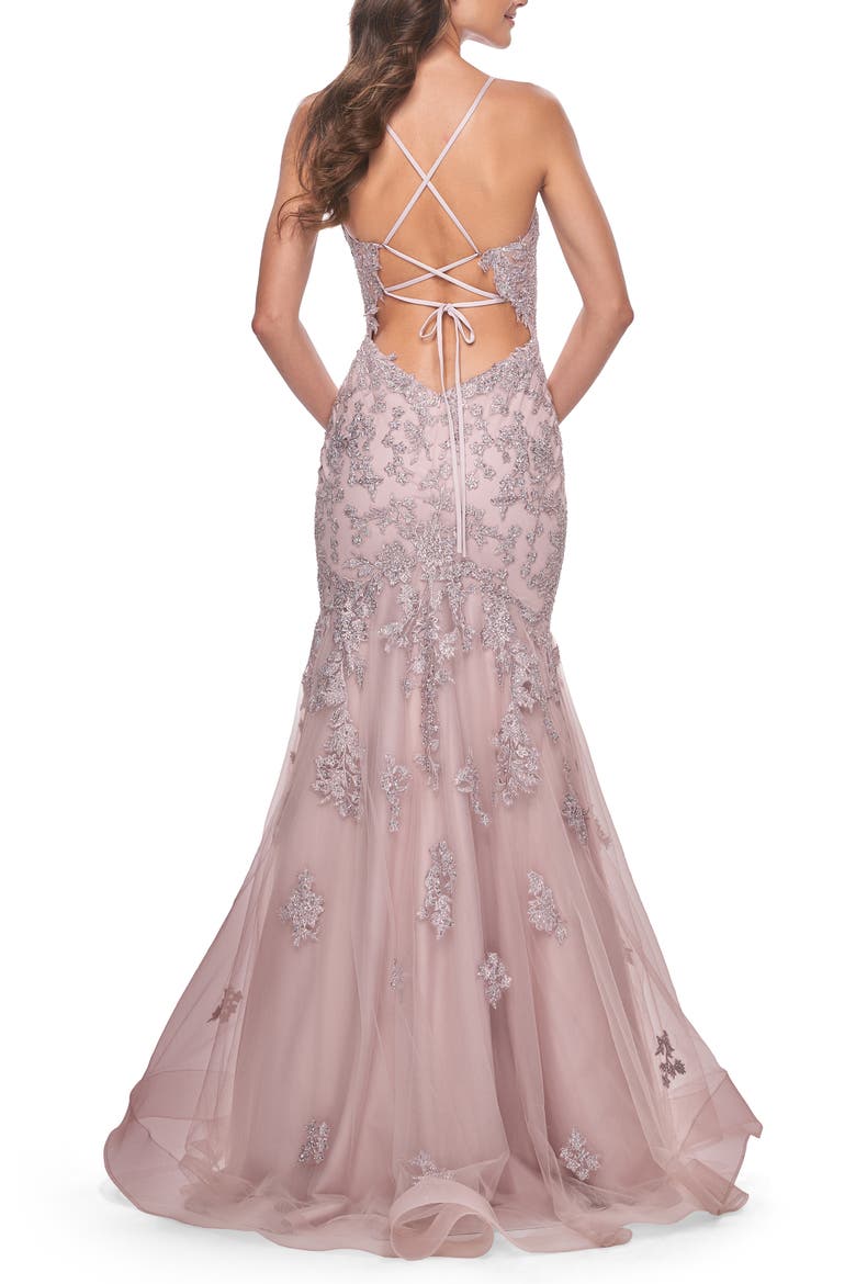 Mermaid Lace Embellished Gown with Illusion Top, Alternate, color, Mauve