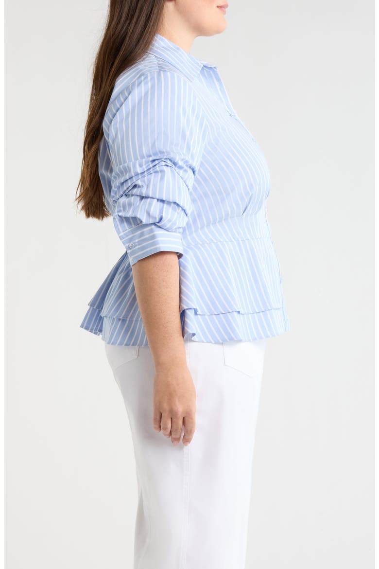 Pinstripe Button-Up Tiered Peplum Shirt, Alternate, color, OXFORD BLUE/ OFF WHITE