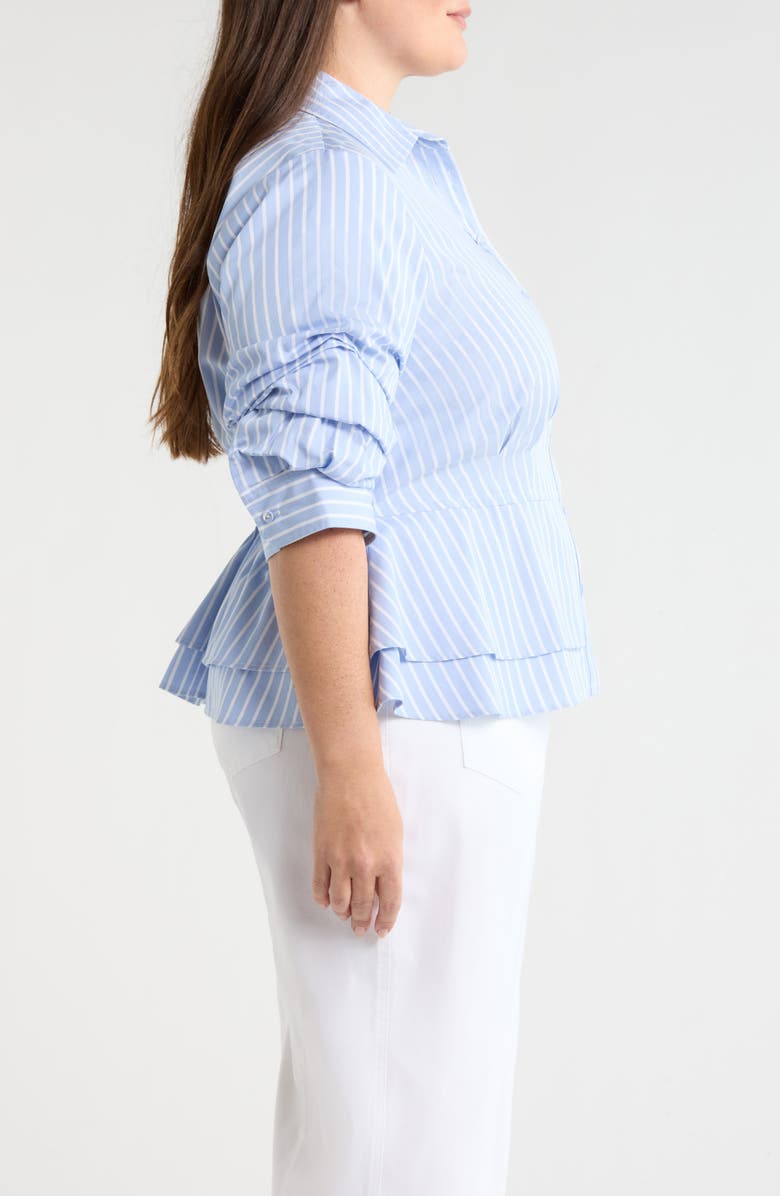 Wit & Wisdom Pinstripe Button-Up Tiered Peplum Shirt, Alternate, color, Oxford Blue/ Off White