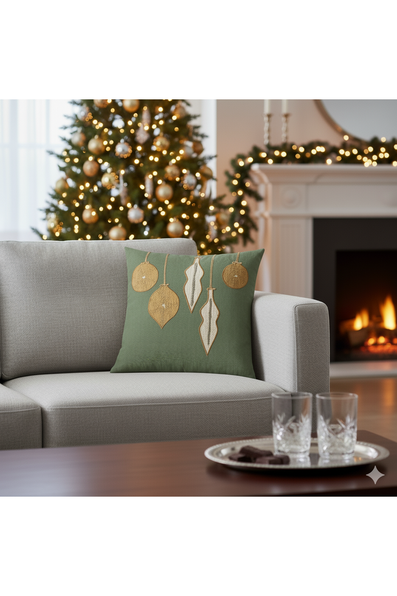 Ornaments Hand Appliqued Indoor & Outdoor Woven Accent Holiday Pillow, Alternate, color, Fern