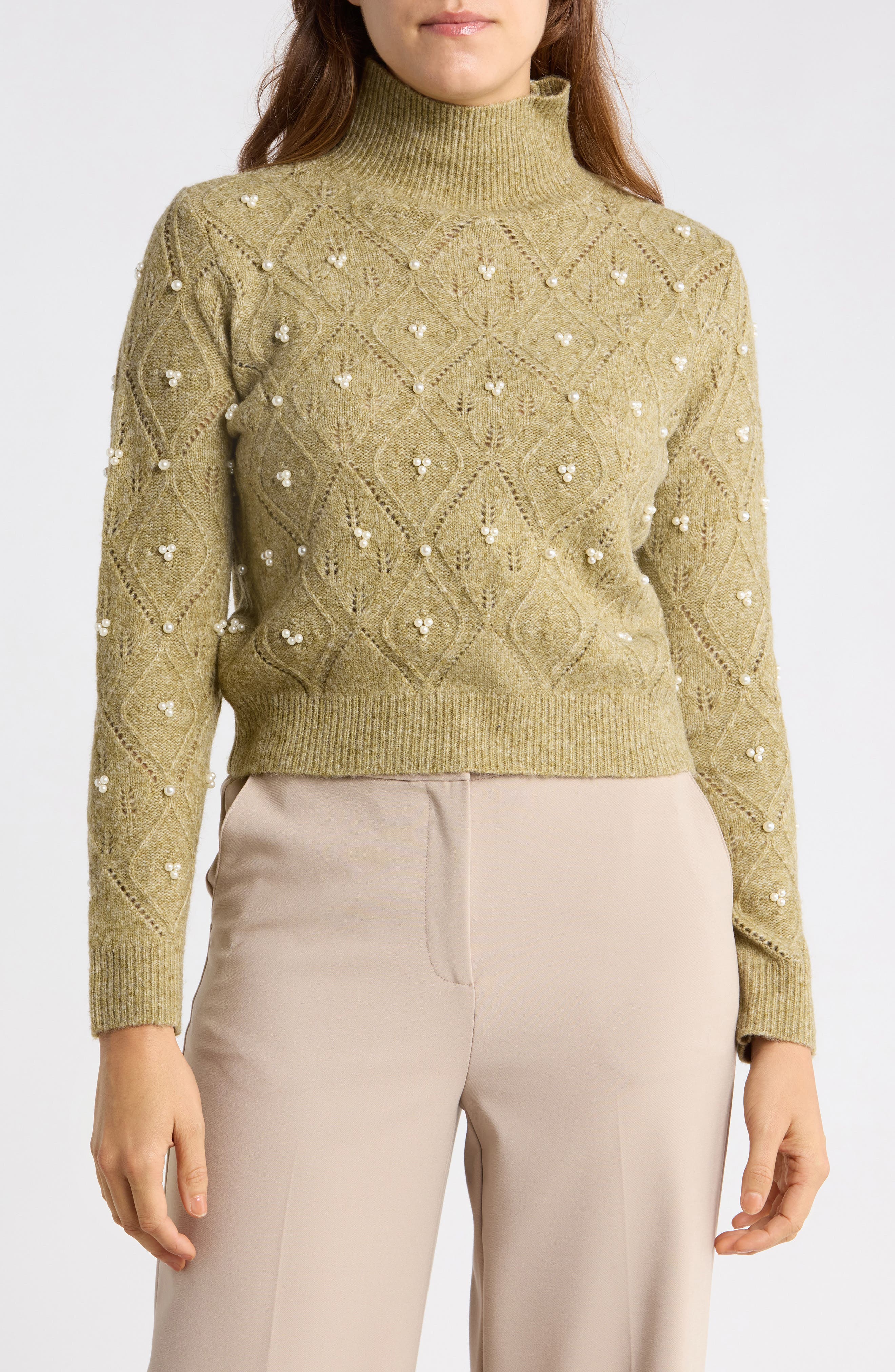 Imitation Pearl Pointelle Turtleneck Sweater