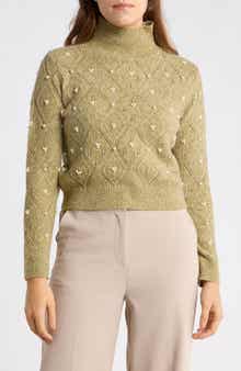 Imitation Pearl Pointelle Turtleneck Sweater