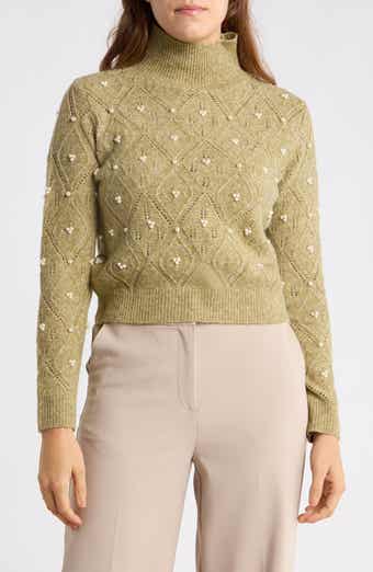 Imitation Pearl Pointelle Turtleneck Sweater