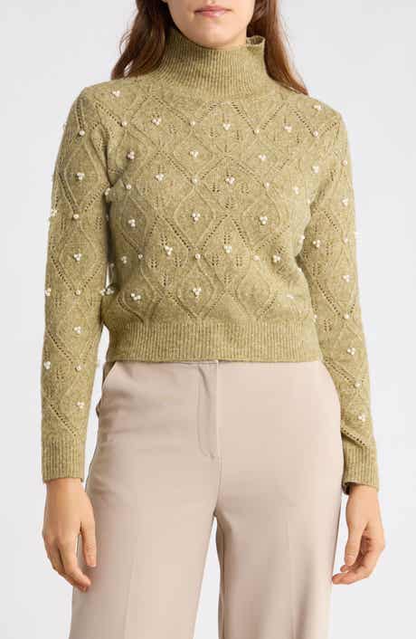 Imitation Pearl Pointelle Turtleneck Sweater