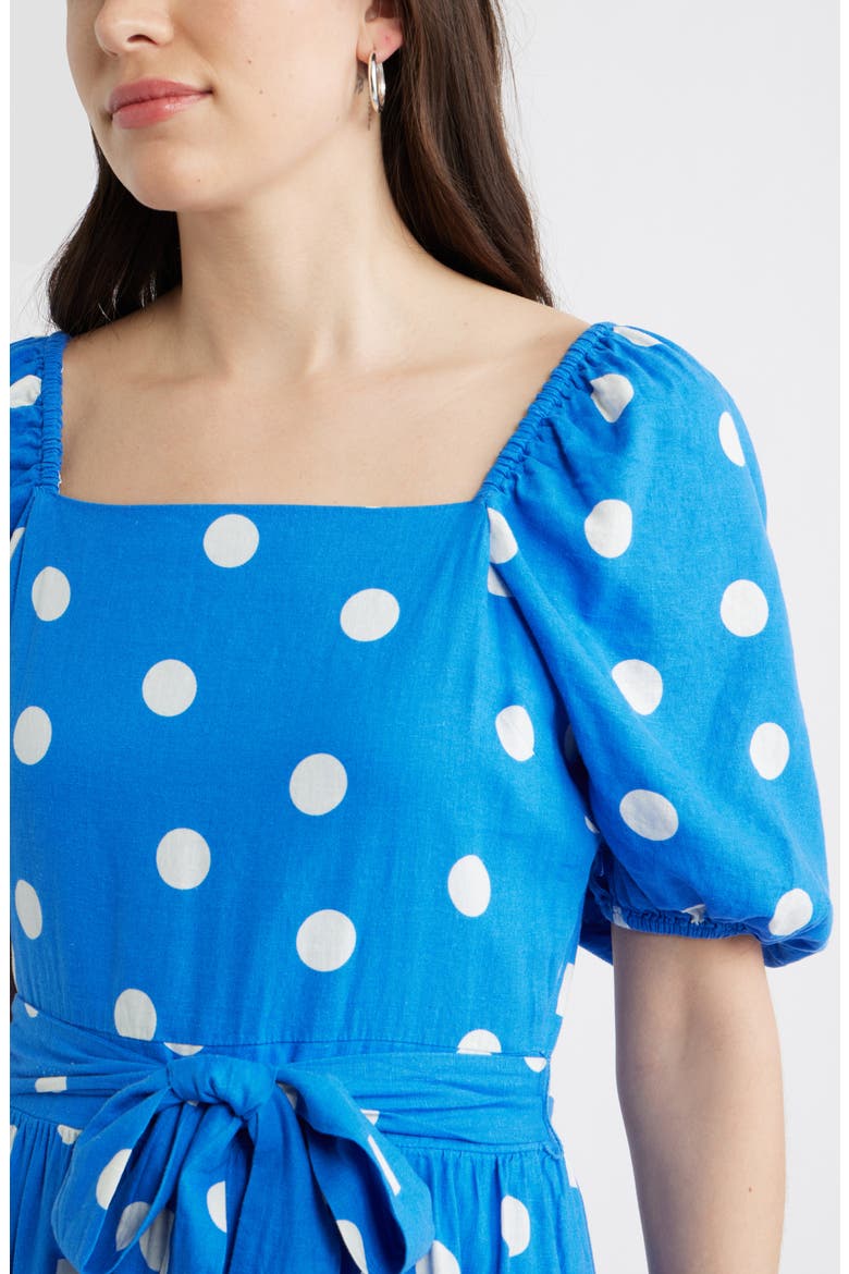 Puff Sleeve Linen Blend Midi Dress, Alternate, color, BLUE PALACE- IVORY TULLA DOT