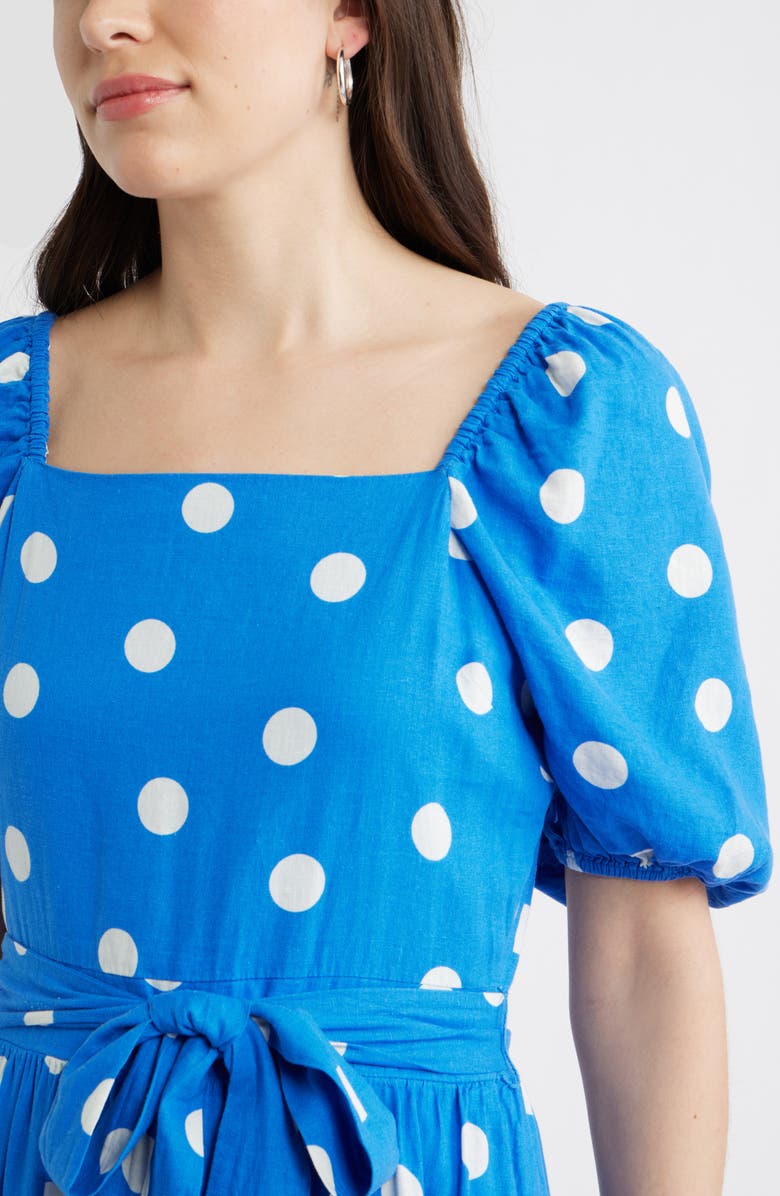 Caslon<sup>®</sup> Puff Sleeve Linen Blend Midi Dress, Alternate, color, Blue Palace- Ivory Tulla Dot