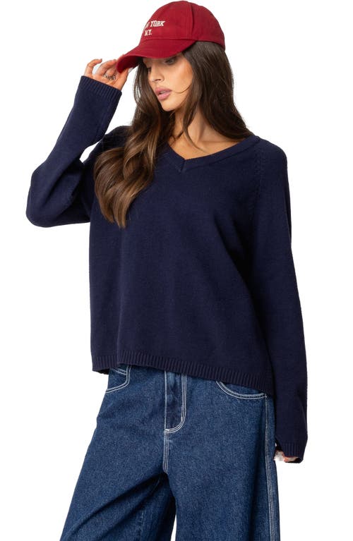 Shop Edikted Martha Oversized V-neck Sweater In Navy