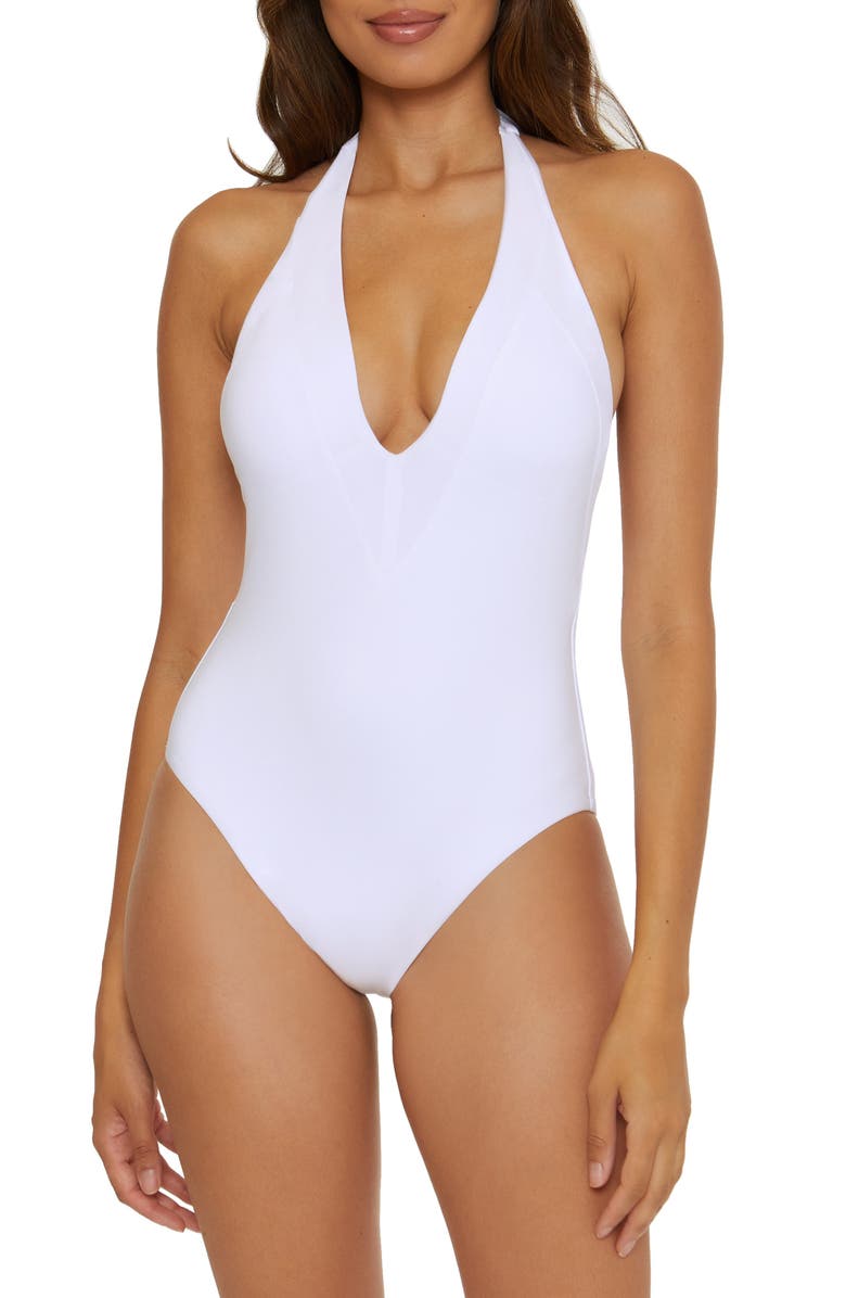 Trina Turk Monaco Plunge One-Piece Swimsuit, Main, color, White