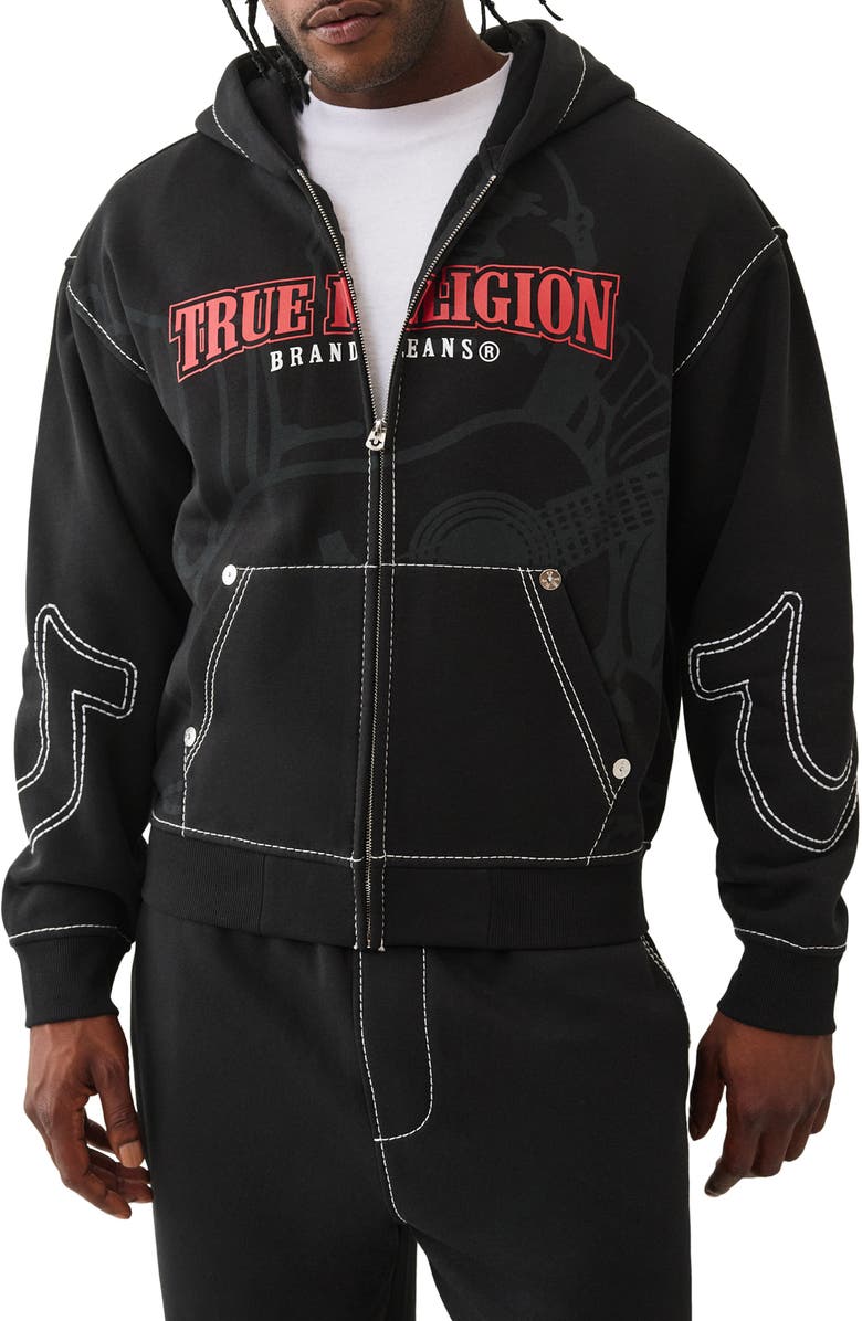 True Religion Cinched Big T Cotton Blend Zip Hoodie, Main, color, Jet Black