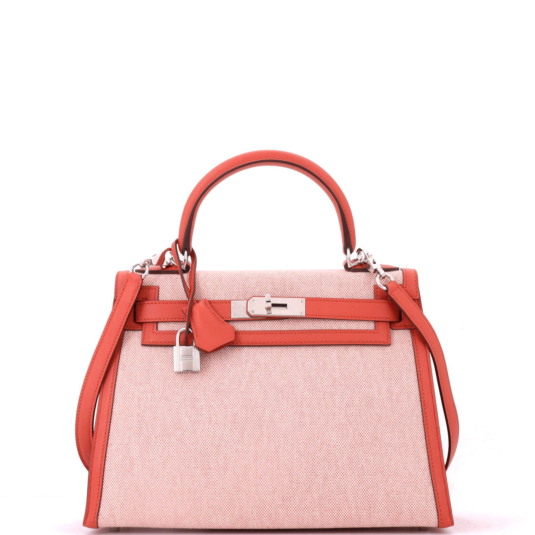 Pre-Owned Hermes Kelly Handbag Toile and Brown Swift with Palladium Hardware 28, Main, color, Brique