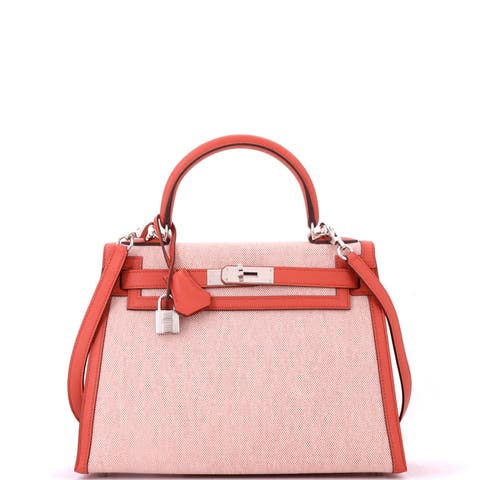 Kelly Handbag Toile and Brown Swift with Palladium Hardware 28