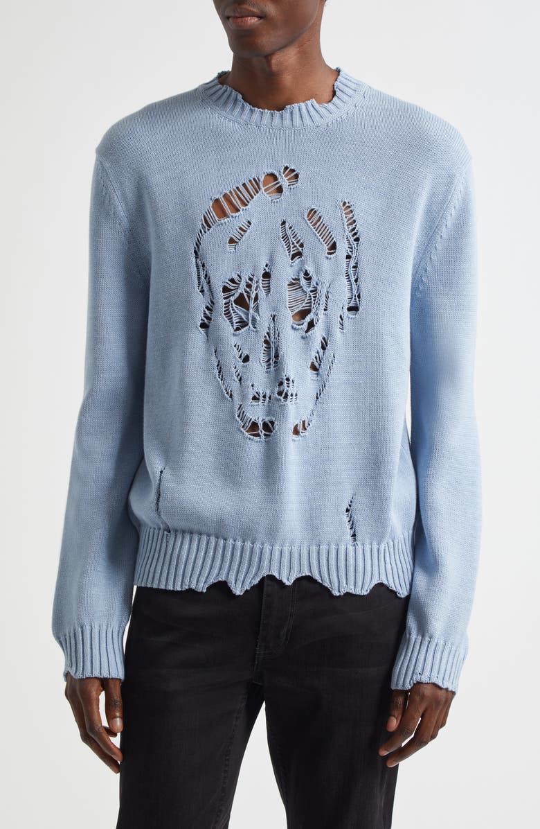 McQueen Distressed Skull Crewneck Sweater, Main, color, Shirting Blue