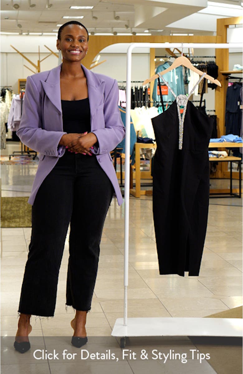 Rhinestone Rosette Halter Midi Sheath Dress, sales video thumbnail