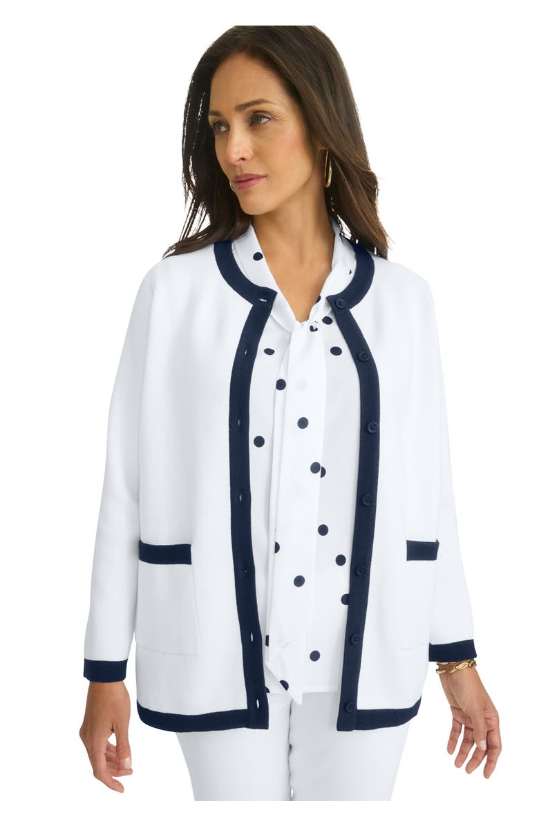Jessica London Tipped Boxy Cardigan, Main, color, White Navy